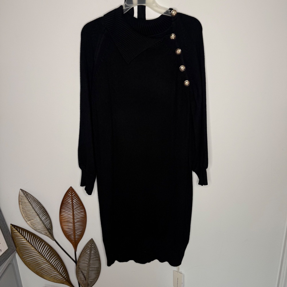 Black Turtleneck Knit Sweater Dress Gold Button Lantern Sleeve Belted Small Midi - Picture 7 of 11